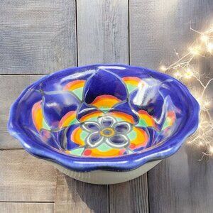 Vintage Hand‎ Made Mexico Pottery Talavera Multicolor Salsa Dish Bowl Wavy Edges
